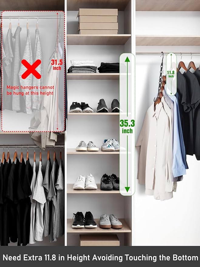 HOUSE DAY Space Saving Hangers, Black, 8 Pack, Collapsible Closet Organizer, Smart Hangers Plastic, Space Saver Hangers with 5 Holes, Sturdy Closet Organizers and Storage