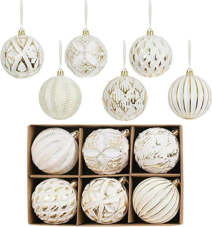 XmasExp Vintage Rustic Christmas Ball Ornaments Sets, Neutral Shatterproof Christmas Ornaments Farmhouse Christmas Tree Decorations Large Hanging Ball for Xmas Home Party （White Gold, 6Pcs