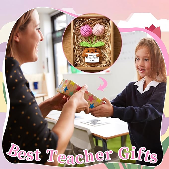 Wavwavw 3 Pack Teacher Appreciation Gift Positive Flower Handmade Crochet Doll Thank You for Helping Me Grow Gifts Back to School Gifts for Women Teacher(Tulip)