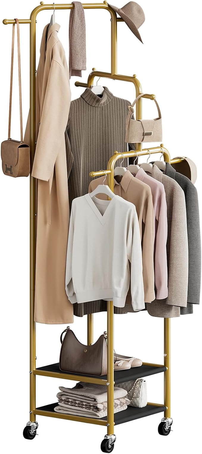 Chrislley Small Clothing Rack With Wheels, 71" Portable Rolling Garment Rack With 2 Shelves and 6 Hooks, 3-Section Different Heights Heavy Duty Metal Clothes Rack For Coats, Shirts, Bags, Shoes, Gold