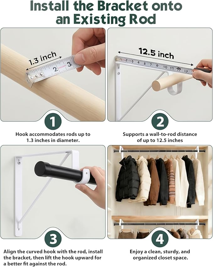 6 Pack Closet Rod Bracket, Heavy Duty Closet Rod Support with Rod Holder, Wall Mounted Closet Shelf Brackets with Triangle Stabilizing Design for Closet, Bathroom and Kitchen, White