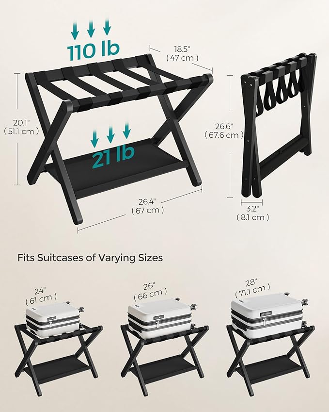 SONGMICS Luggage Rack, Folding Suitcase Stand with Storage Shelf, for Guest Room, Hotel, Bedroom, Heavy-Duty, Holds up to 131 lb, Classic Black URLR007B01