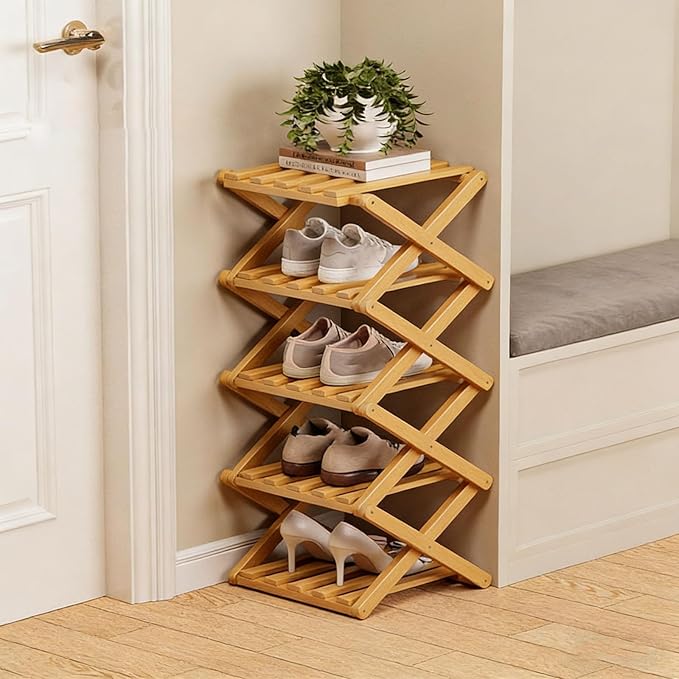 The 9-Tier No-Assembly Bamboo Rack, 2-9 Tier Folding Shoe Storage Rack, Space-Saving Organizer for Shoes, No Assembly Narrow Shoe Shelf for Entryway Closet Dorm (Natural, 5 Tier)