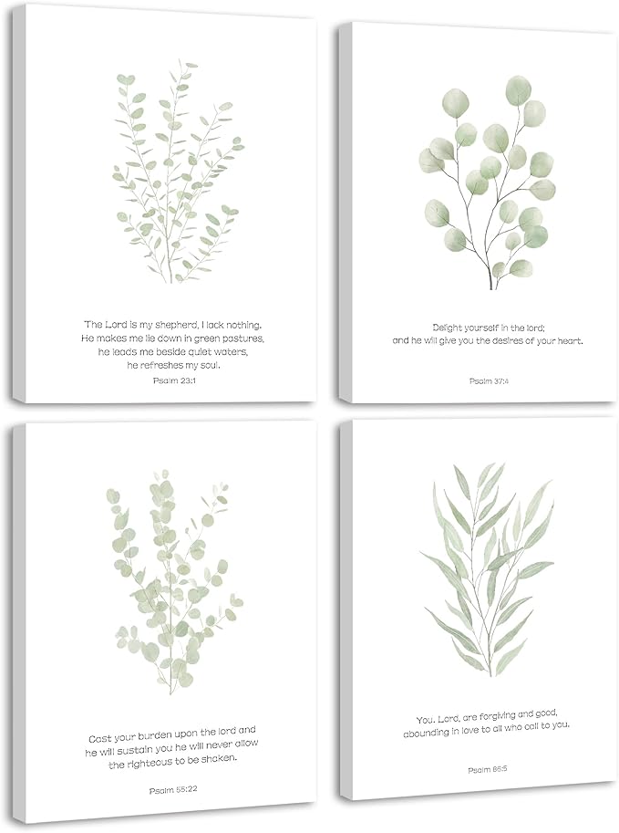 Drsoum Bible Verses Inspirational Scripture Framed Wall Art Botanical Plant Motivational Christian Decor for Bathroom Sage Green Eucalyptus Leaf Prints Ready to Hang 8x10inx4pcs (Framed)