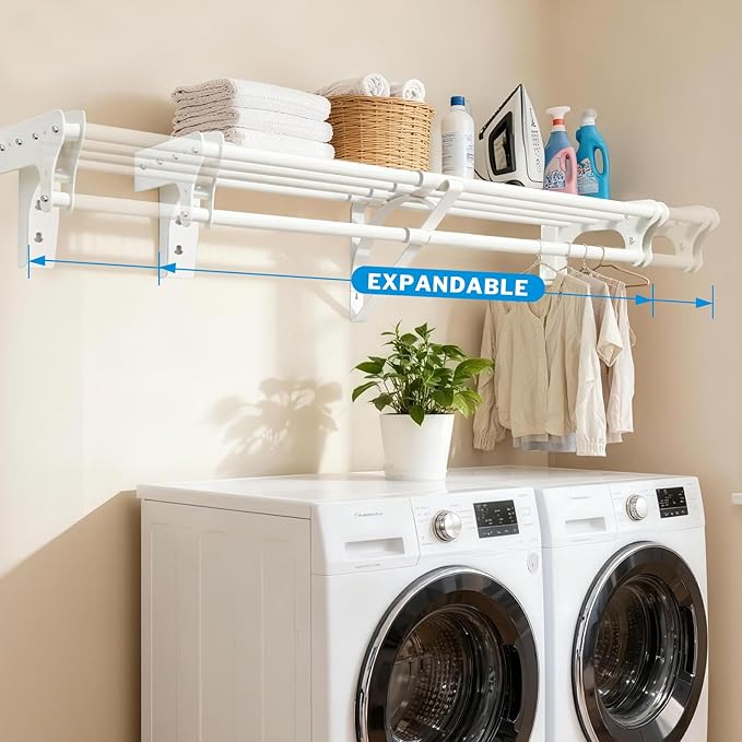 Steel Closet Shelf with Hanging Rod, Back Wall & Side Wall Mounted, 40-73'' Expandable White Closet Shelves, Heavy Duty Storage Rack Holds 220 lbs, Adjustable DIY Closet Rod Divider Separator