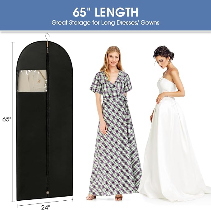 Dress Bags for Gowns, 65'' Long Garment Bags for Hanging Clothes, Dress Garment Bag, Black Dress Bag with Clear Window for Dresses, Coats, Uniforms（5 Packs）
