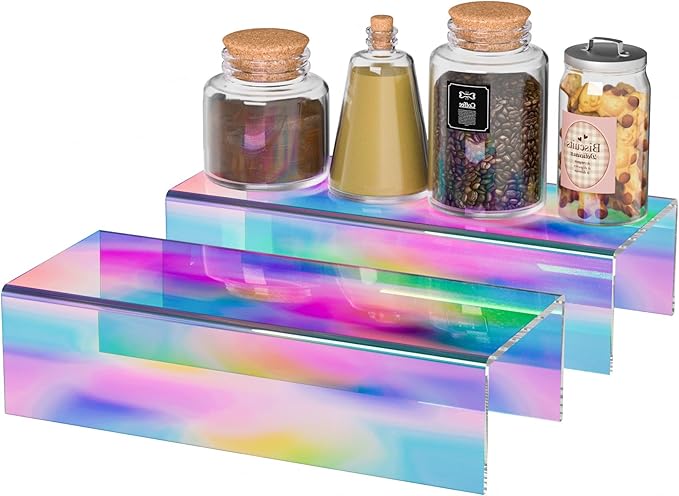 Sezanrpt Acrylic Shelf Riser 12x4.7x3 pack of 2, Iridescent Desktop Rectangular Acrylic Tray Pedestal Stand for Funko Pop Figure, Bags, 12x4.7x3 Inch