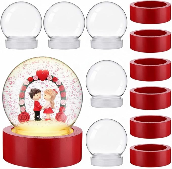 Irenare 12 Pcs 3.9 Inch DIY Snow Globe Kit, 6 Make Your Own Snow Globe Craft 6 LED Light Wood Base Clear Plastic Dome for Wedding Engagement Bridal Shower Decor Anniversary Wife Gift