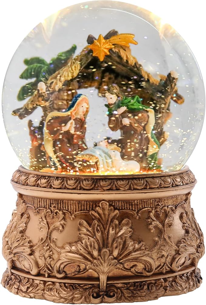Christmas Snow Globe Musical - Nativity Snowglobe Vintage Water Snow Globes LED Light Change Music Box Home Christmas Decor for Kids Gold