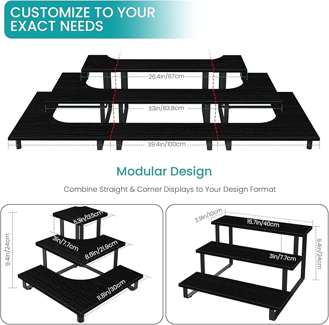ELITEROO 3 Tier Wooden Display Riser Stand, Portable Products Display Shelf, 3 Step Straight Display Rack for Retail Tabletop, Countertop, Craft Shows, Farmers Market, Tradeshows, Vendors, Black