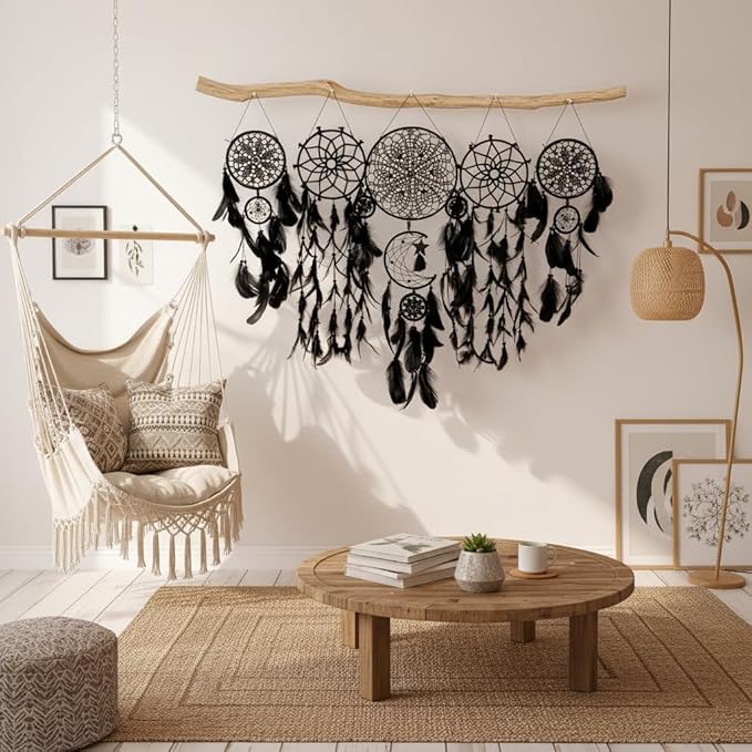 5 Pack Black Dream Catchers Boho Wall Decor Macrame Wall Hanging Large Moon Phase Handmade Traditional Dream Catcher for Bedroom Adult Living Room Home Halloween Decorations,Witchy Gifts(Black Set)