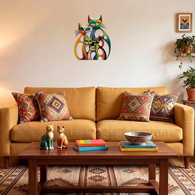Wesiti Cat Wall Art Decor Iron Wall Sculptures Decor for Cats Lover 13.78 x 11.02 Inches Colorful Mid Century Retro Cat Signs for Home Living Room Bedroom Kitchen Office