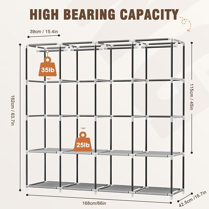 Portable Closet, 66 Inch Large Capacity Wardrobe for Closet Organizers and Storage with Non-Woven Fabric Cover, 4 Hanging Rods, 8 Shelves(Grey)