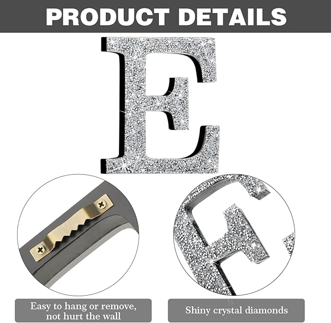 Qunclay 12'' Silver Crystal Diamond Bling Letters Crushed Diamond Decoration Wooden Glitter Letter with Screw and Hooks Rhinestone Gift for Wedding Y2k Mcbling Bedroom Wall Decor (Letter E)
