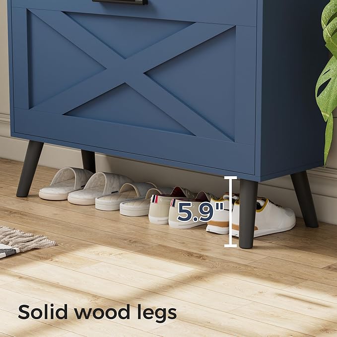32" W Farmhouse Shoe Storage Cabinet with 2 Flip Drawers and Barn Door Design, Adjustable Shelves, Modern Hidden Slim Narrow Shoe Rack Cabinet for Entryway, Foyer, Hallway, Living Room, Blue