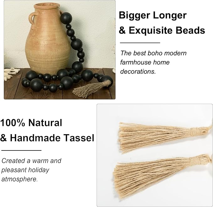 2" Extra Large Wood Bead Garland with Tassels, 60" Long Rustic Farmhouse Wooden Beads Garland, Decorative Beads Boho Decorations for Home Table Mantle Black