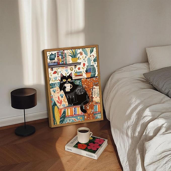 Framed Funny Black Cat Canvas Wall Art, Cute Cat Drinking Coffee on Sofa Pictures Wall Decor, Eclectic Animal Paintings Prints Boho Home Decor for Living Room Cafe Kitchen Bar 12x16 inch