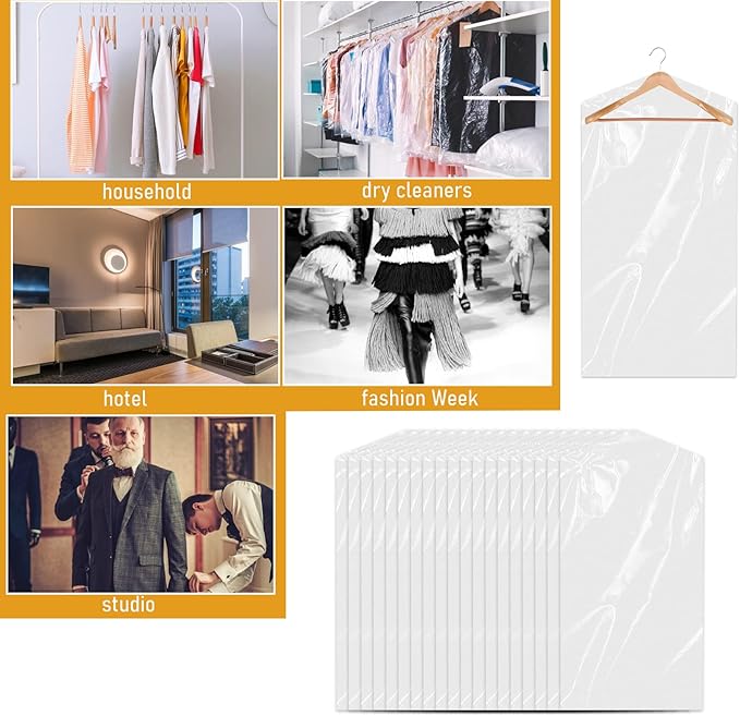 20 Pack Garment Bags for Hanging Clothes Plastic Garment Bags Clear Clothes Covers Dry Cleaner Bags Hanging Dust-proof Garment Bags for Dry Cleaner, Home Storage, Travel (60x90cm)