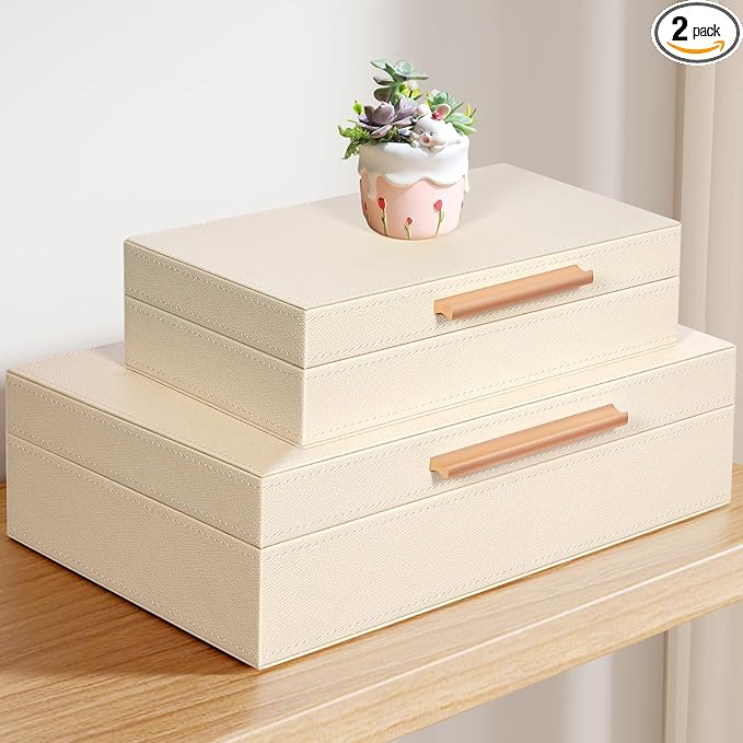 Decorative Box, Decorative Boxes with Lids 2-Set, Memory Box for Keepsakes, Beautiful PU Leather Decorative Storage Boxes in Style, Decor Box with Rose Metal Handle, Store Photos, Documents Beige