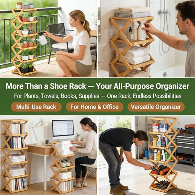 The 9-Tier No-Assembly Bamboo Rack, Foldable Stackable 9 Tier Bamboo Shoe Rack Vertical Storage Sturdy & Stable, Tall Narrow Space-Saving Expandable Shoe Rack for Entryway Closet Dorm (Brown,2 Tiers)
