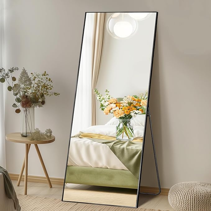DUMOS 58"x19" Full Length Mirror, Full Body Mirror with Aluminum Alloy Thin Frame, Standing Mirrors with Leaning or Hanging, Suitable for Bedroom, Livingroom, Cloakroom, Black