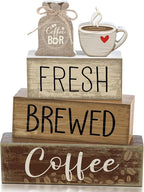 Yuntau 5 Pcs Wooden Coffee Bar Decor Cocoa Tiered Tray Decor Rustic Wood Bar Sign Gift Farmhouse Table Top Centerpiece Stacks Block Sign for Home Shelf Mantel Kitchen