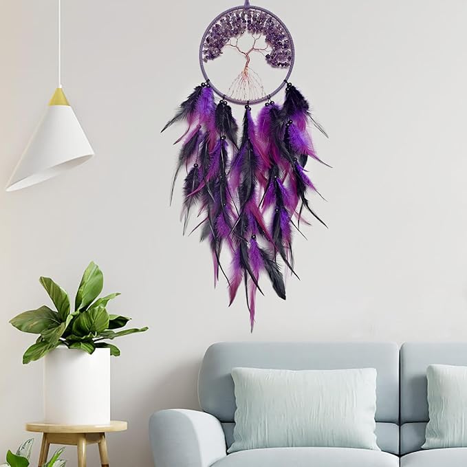 Black and Purple Dream Catcher Wall Decor Crystal Tree of Life Dream Catchers Handmade Feather Dreamcatcher Wall Hanging Ornament for Bedroom Living Room Home Decor