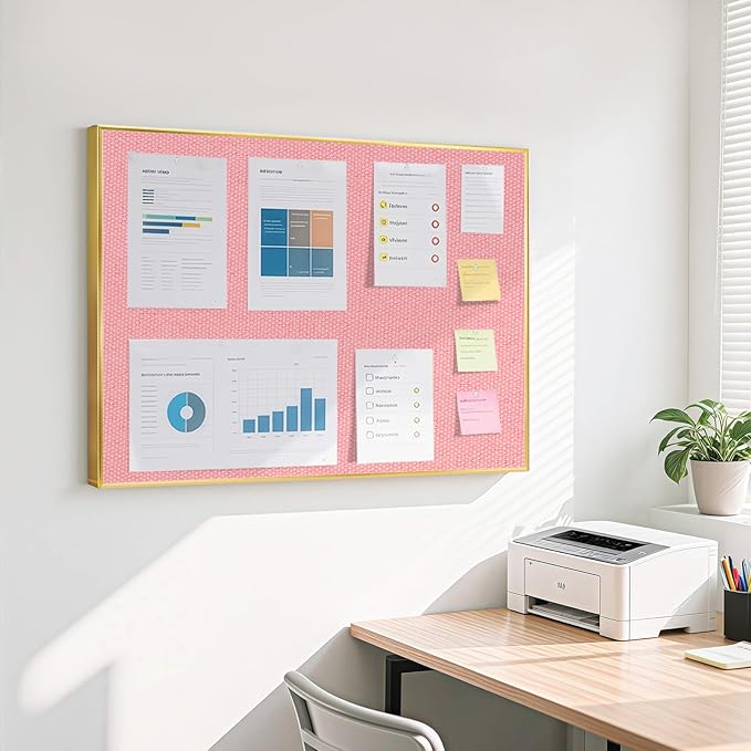 Linen Bulletin Board 36" x 24", Fabric Pin Board with Gold Aluminum Frame, Decorative Vision Board for Home Office, Bedroom & Dorm Wall Decor, Includes 10 Push Pins, Pink