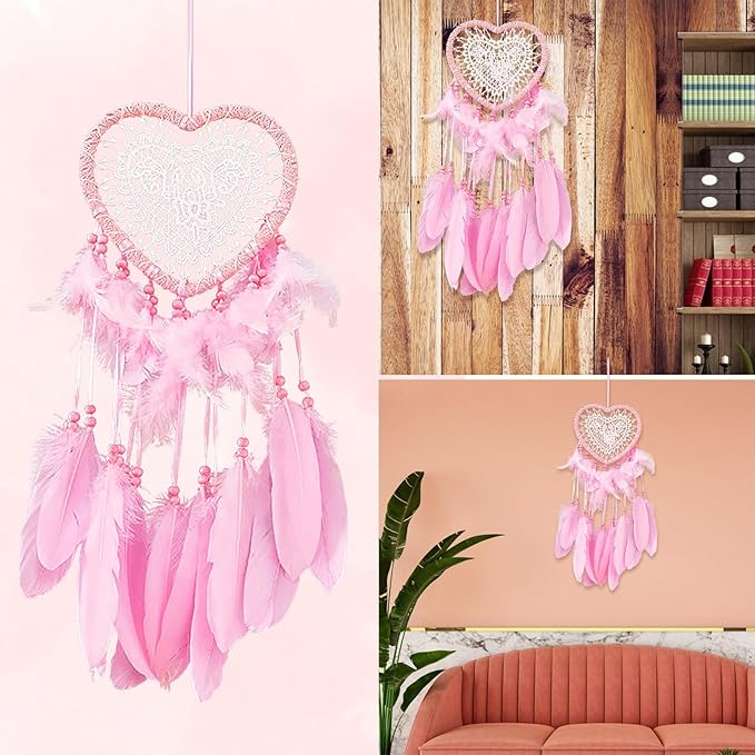 Dream Catcher,Lovely Heart Shape Dreamcatcher Handmade Lace Dream Catcher Feather Bead Wall Hanging Boho Woven Art Ornament Gift Craft Dreamcatcher Wind Chimes for Home Children Bedroom Decor (Pink)