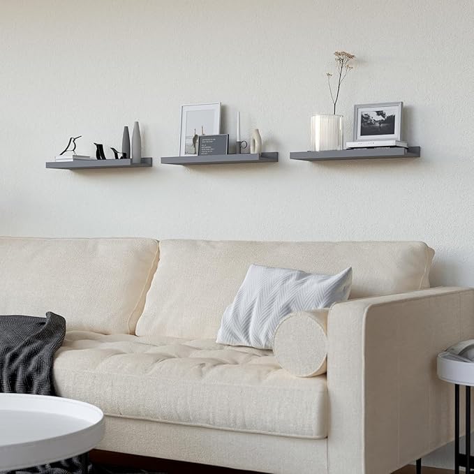 RICHER HOUSE 3 Set Floating Shelves for Wall, 16 inches Wall Mounted Shelves with Lip for Storage, Display Picture Ledge Shelf for Bedroom Bathroom Kitchen Living Room Decor, Modern Grey