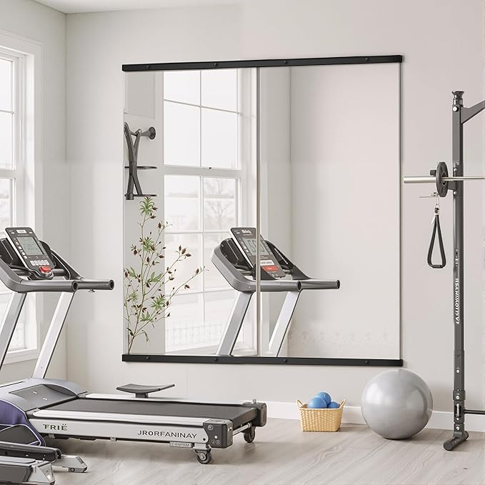 TRAHOME Home Gym Mirror for Wall,56x28x2PCS Full Length,Glass Frameless Body Large Mirror for Home Gym,Workout,Bedroom,Garage(Black)