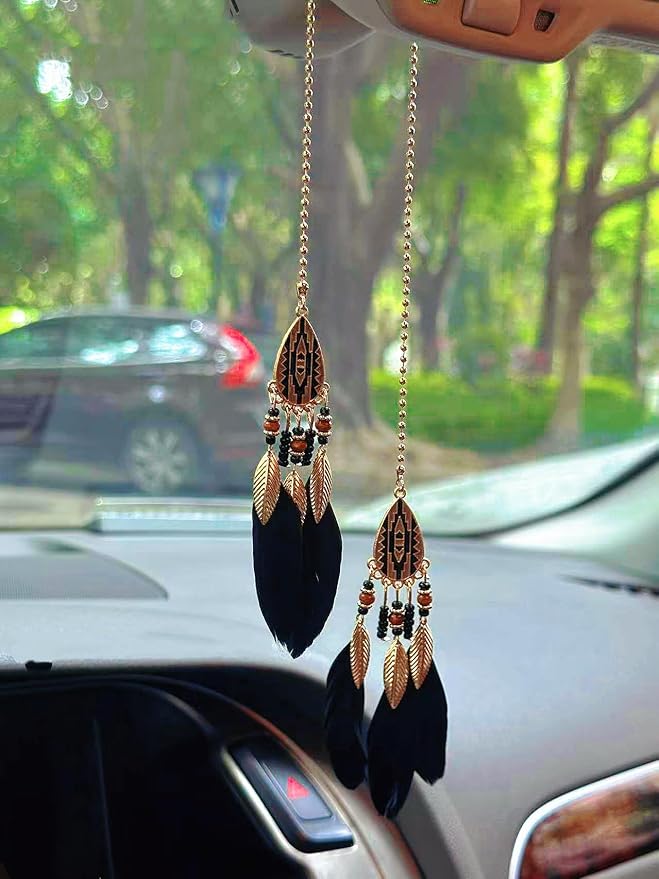Small Dream Catcher Car Hanging Ornament, Handmade Nature Feather Boho Rear View Mirror Pendant, Car Decor Accessories Gift for Women