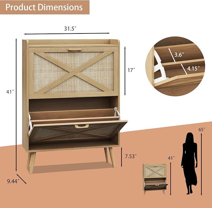 Shoe Cabinet with 2 Flip Drawers, Farmhouse Hidden Shoe Storage Cabinets, Narrow Wooden Shoes Organizer for Entryway, Slim Freestanding Shoe Rack Cabinet for Front Door Entrance, Rattan Natural