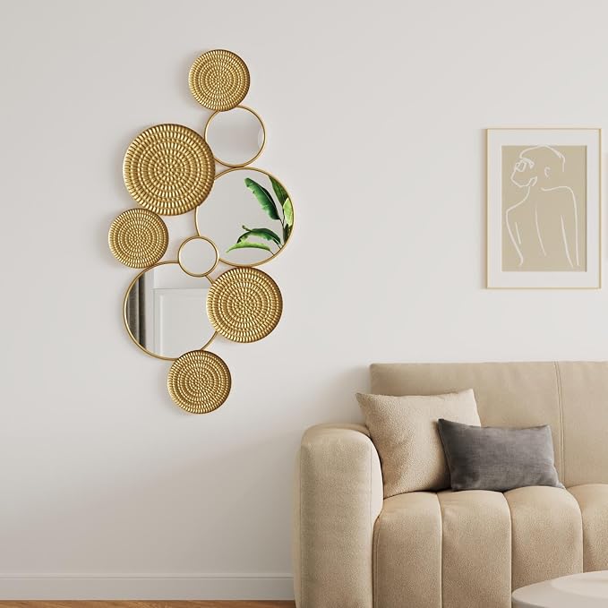 Gold Mirrors Wall Decor Metal Round Home Art Decor Decorative Modern Circle Mirror Wall Art Sculpture Hanging Decorations for Home Living Room Office