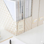 BLU MONACO | Cardboard Magazine File Holder Set of 4 | Vertical Magazine File Holder for Desk and Shelves | Cream Gold Foldable Magazine Holders with Label Slots