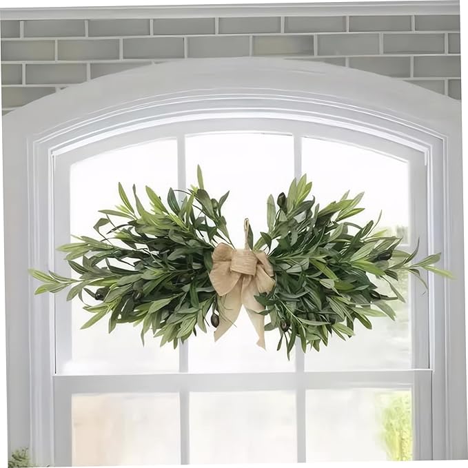 Greenery Garland Swag, 60cm Artificial Olive Branches Swags with Bow, Rustic Eucalyptus Garland Wreaths for Wedding Arch Party Wall Home Decorations