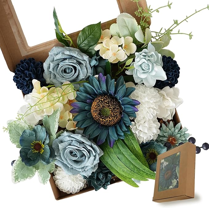 Idyllic Blue Artificial Flower Box, Wedding Table Centerpiece, Party Decoration Floral Arrangement in Box, Ready-to-Use Home Decor