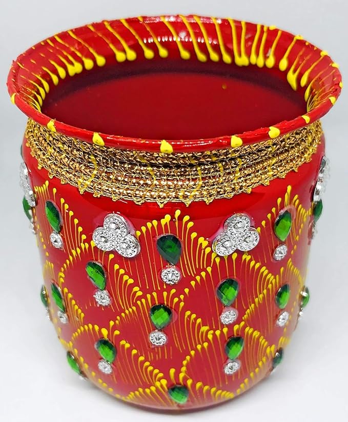 Stainless Steel Karwa Chauth 6 Pieces Decorative Pooja Thali Set (Red) (Thali Size 12")