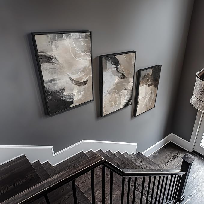 Framed Neutral Abstract Wall Art, 3 Piece Modern Minimalist Canvas Prints Paintings Artwork for Walls, Black Beige Brown Neutral Tone Pictures for Living Room Dining Room Bedroom Wall Decor 16x24 In
