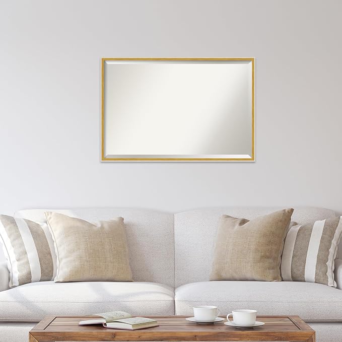Amanti Art White Wall Mirror 25x37 Paige White Gold Rectangle Bathroom Mirror for Wall Decor Living Room, Large Modern Wood Frame, Hangs Horizonally and Vertically, Bathroom Decor, Beveled Edge