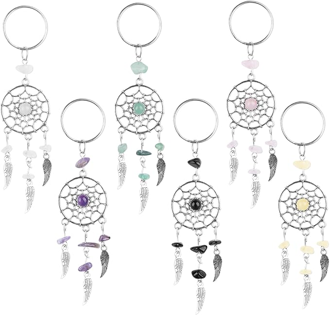 AUEAR, 6 Pack Dream Catcher Keychain Keyring Feather Stone Ornaments for Car Bag Accessories Jewelry DIY Crafts