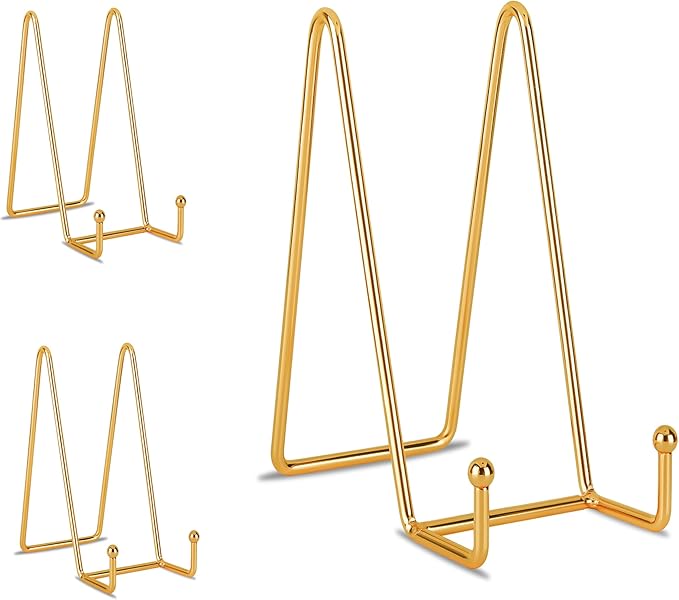 Decolore 8 inch 3 Pack Gold Plate Stands Table Top Easels Plate Holder Display Stands for Picture, Decorative Plate, Book, Photo Easel, Artistic Work
