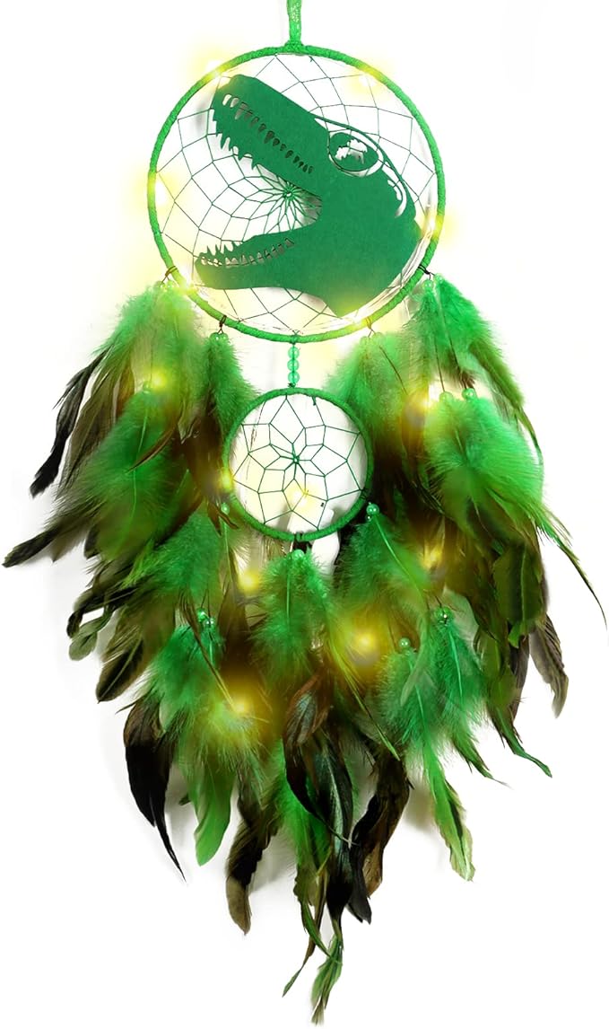LOMOHOO Dinosaur Dream Catcher for Kids, Feather Dream Catchers with LED Light, Handmade Home Decor Wall Hanging with Double Ring for Nursery Boy Bedroom Birthday Gift