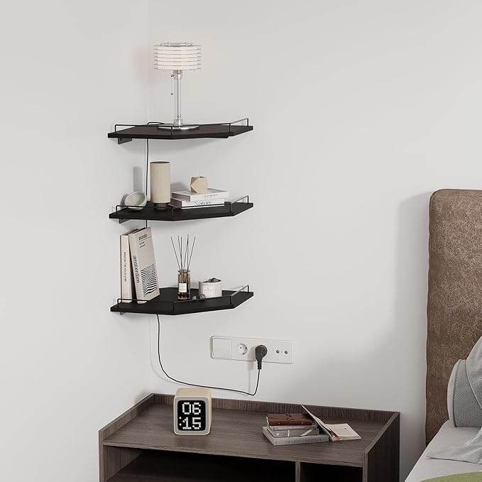 JJL Corner Shelf with Rails, 3-Tier Hexagon Floating Corner Shelf Wall Mounted, 12 Inch Black Rustic Wood Heavy Duty Wall Storage for Bathroom Kitchen Living Room Bedroom