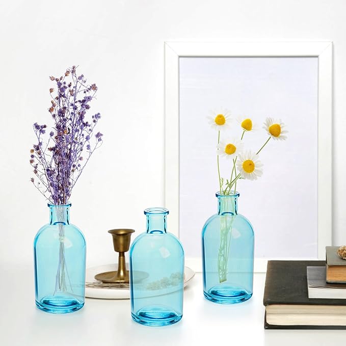 YOUEON 16 Pcs Blue Glass Bud Vases, 8 Oz Living Bud Vases, Small Vases for Flowers, Decorative Glass Bottles, Vintage Flower Vases for Table Centerpiece, Wedding Reception, Home Decor, Office