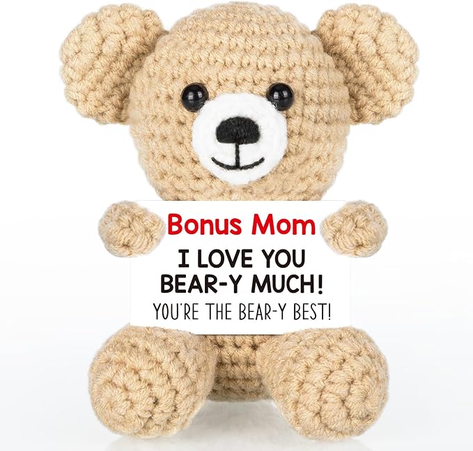 WELLBANEE Mother Gift Bonus Mom, Handmade Crochet Bear for Sentimental Mothers Day Birthday Present for Stepmom, Appreciation Keepsake for The Best Bonus Mom Ever, Small Desk or Shelf Décor Bear