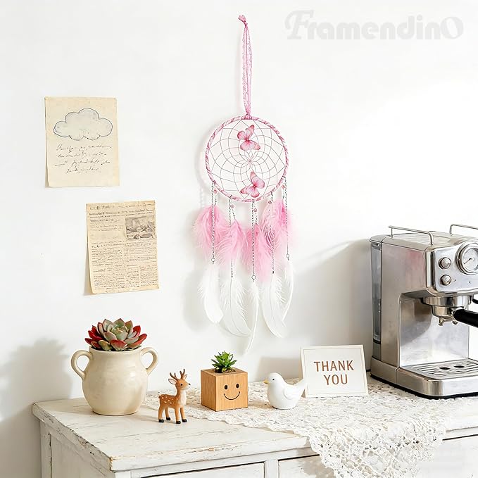 Framendino, Pink Butterflies Dream Catcher with Colorful Feather for Wall Decoration