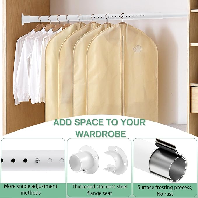 Closet Rods for Hanging Clothes, 1.3 Inch Diameter Heavy Duty Closet Rod 17-75 Inch Adjustable Clothes Hanging Bar Matte White Shower Curtain Rods for Closet, Wardrobes, Bathroom, Windows