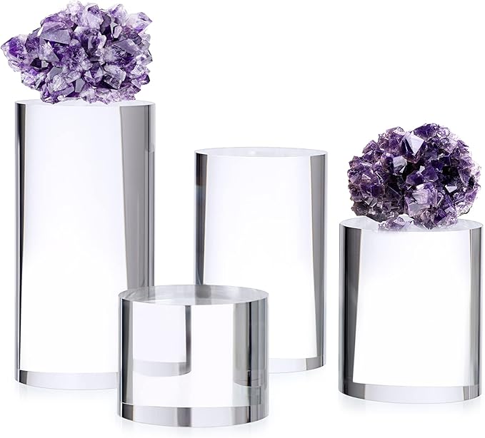 Hipiwe 4-Pack Acrylic Display Risers Figures Display Stand Holder Clear Cylinder Tabletop Jewelry Perfume Showcase Organizer for Geodes Rock Small Collectibles Display Blocks