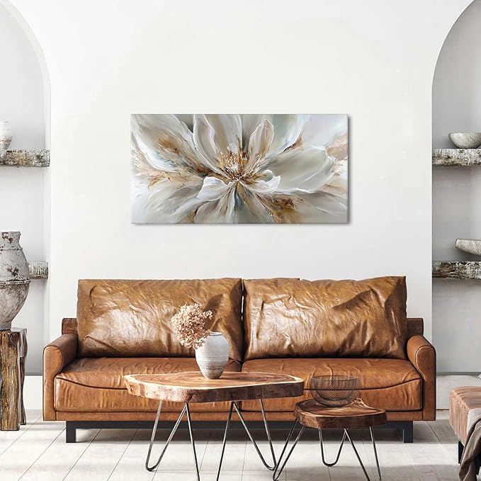 Flower Wall Art Vintage White Floral Canvas Pictures Abstract Blooming Flower Prints Painting Large Abstract Botanical Blossom Wall Decor Elegant Artwork for Bedroom Living Room Home Decoration 20x40"